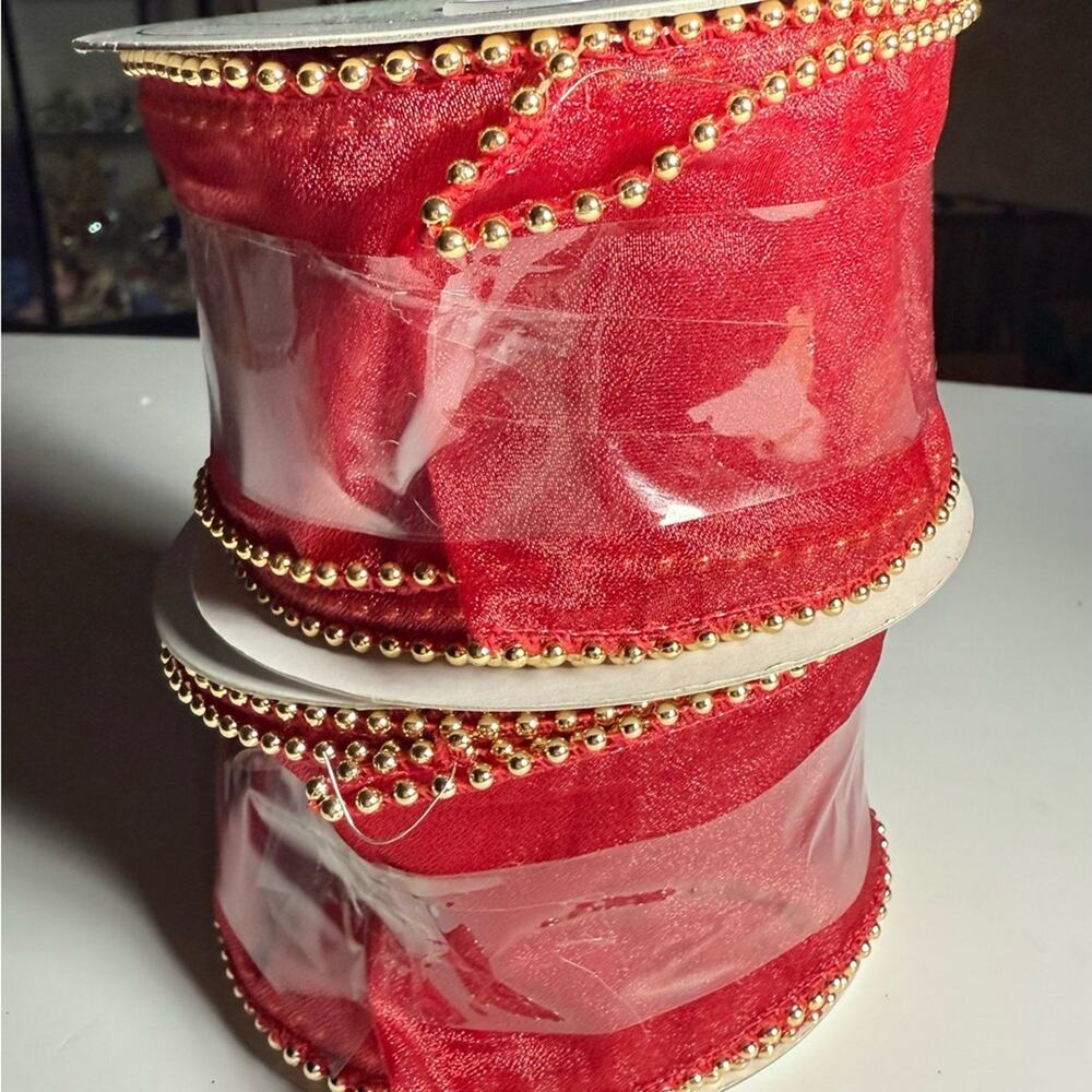 Elegant Red and Gold Beaded Holiday Ribbon